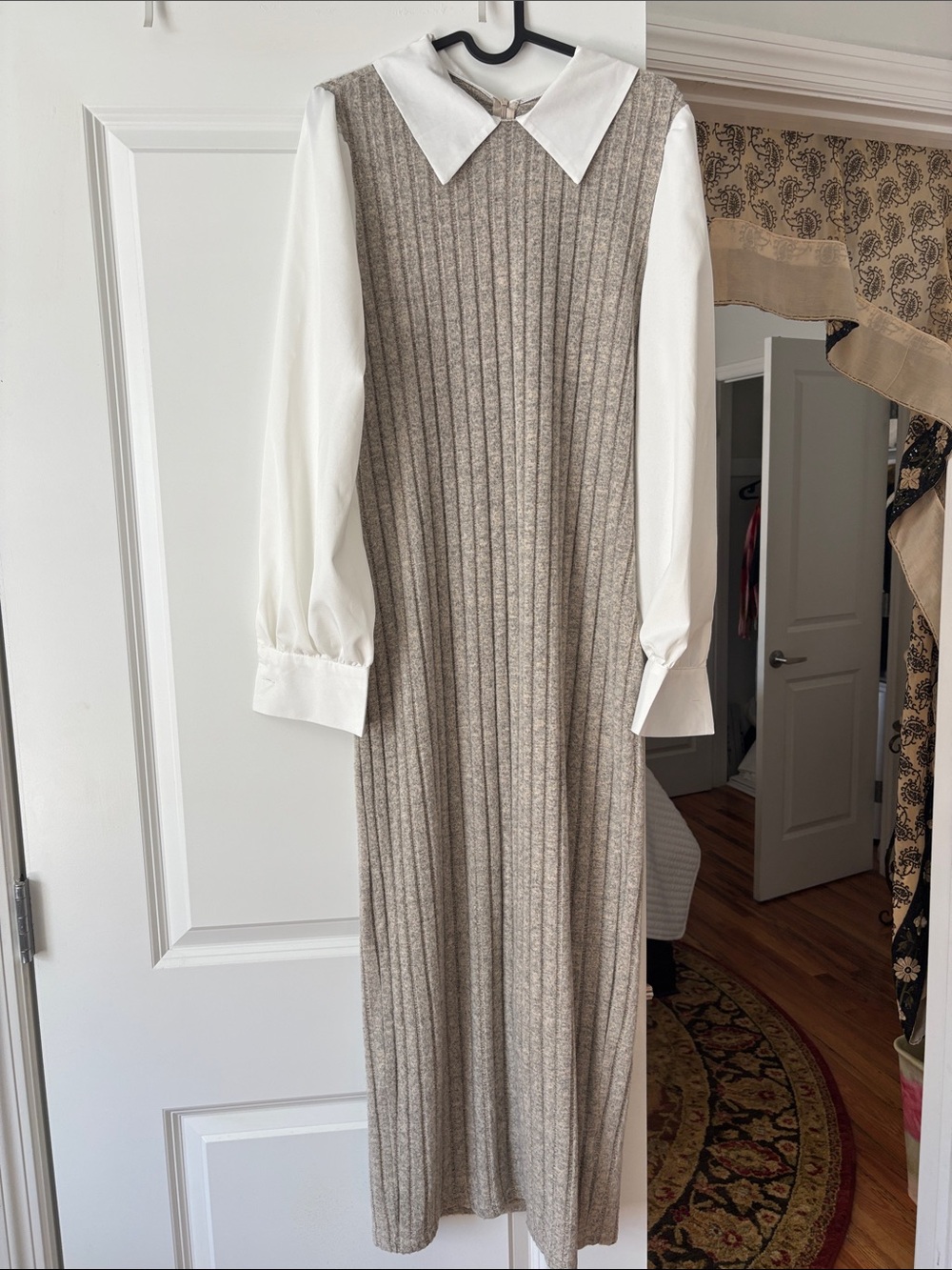 Beige Ribbed Knit Midi Dress with White Collar and Sleeves